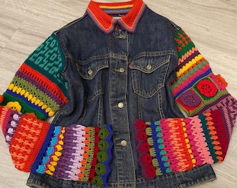 Crochet Denim Jacket for Women- Upcyled Boho Denim Jacket- Unique Style- Custom Size- Perfect Gift for Her