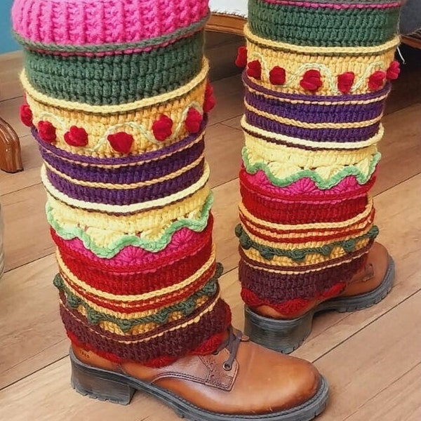 Authentic Leg Warmers for Womens- Knit Ankle Warmers with Fairy Tale Pattern - Wool Blend Warm Boot Cuffs- Multicolor Long Knee-high Socks