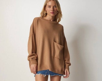 Brown Oversized Knit Sweater with Large Pockets- Long Loose Fit Pullover- O Neck Long Sleeve Knitted Tops Boho Jumper Sweater