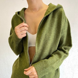 Khaki Knit Cardigan with Hoodie - Soft Sweater - Loose Fit Zipper Cardigan for Autumn and Winter- Plain Jumper- Unique Gift for Womens