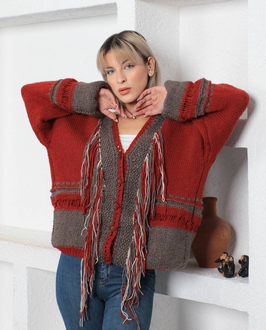 Western-inspired Crochet Fringed Cardigan: Knitted Tassel - Etsy