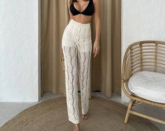 Women's Waist-Belted Beige Vintage Lace Knit Pant- Boho Crochet Pants- Knit Clothing- Womens Clothing- Unique Gift for Her