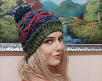 Handmade Crochet Elf  Pom-Pom Beanie- Multicolor Winter Hat for Womens- Winter Accessories- Unique Gift for Her