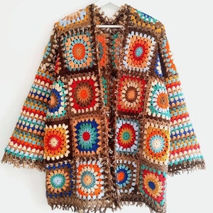 Crochet Hip-Length Open Front Sweater with Colorful Granny Square and Mini Tassels - Perfect Gift for Mom