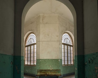 Ospedale di Q split corridor in an abandoned Italian asylum. Wall art print picture home decor