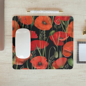 Red Poppies Flower Mousepad | Aesthetic Office Decor for Women | Floral Mouse Pad | Desktop Accessories | Home Office | Botanical Mousepad