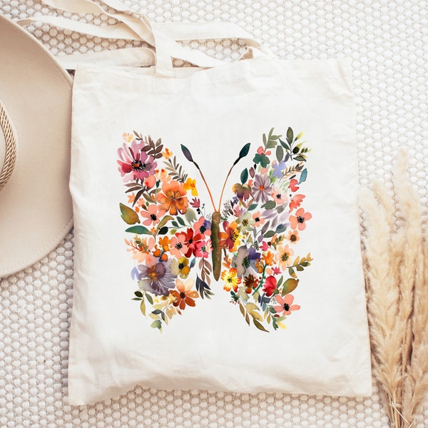Floral Tote Bag Canvas Bag Aesthetic Tote Bag Cute Tote Gift for Women Shopper Bag Butterfly Tote Botanical Tote Bag Flower Tote Boho Bag