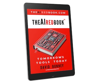 May include: A red digital tablet with a black bezel displaying a book cover with a red background and a 3D illustration of a book with tools and the text "AI" on the cover. The text on the cover reads "The AI Red Book: Tomorrow's Tools Today, David Bunney".