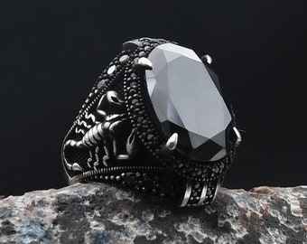 Scorpion Men Silver Ring, Onyx, Garnet, Zicron, Aquamarine Gemstone Ring, Red Garnet Ring, Handmade Gemstone Ring, 925 Sterling Silver Ring