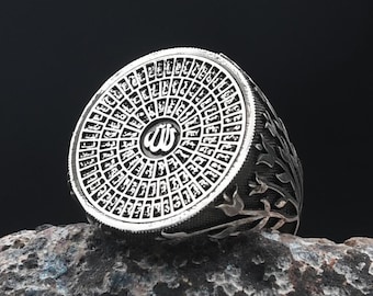 Anillo de plata con el nombre de Alá, anillo islámico de plata, anillo de plata de ley 925, anillo grabado para hombre, anillo de plata Esmaul Husna para hombre
