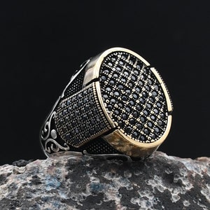 Cubic zirconia Gemstone Silver Men Ring, Men Engraved Ring, Gift for Boyfriend, Silver Ring For Men, Unique Mens Jewelry, Modern Men Ring