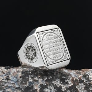 Ayetel Kursi Engraved Handmade Silver Ring, Rings For Muslim, İslamic Ring, 925 Sterling Silver Ring, Solomon&#39;s Seal Engraved on Sides