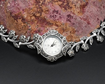 Flower Design Handmade 925 Sterling Silver Women Wrist Watch. Quartz Marcasite Gemstones Wrist Watch, Vintage Style Women Silver Wrist Watch