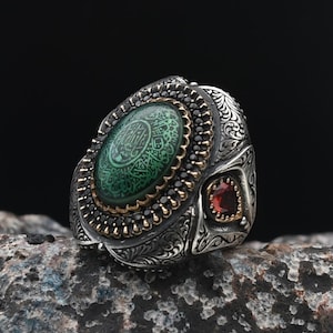 925 Sterling Silver Ring, Hand Carved Quran, Handmade Silver Ring, İslamic Silver Ring,  Amber Gemstone Ring, Religious Ring