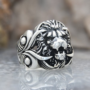 Lion Men Silver Ring, Vintage Men Ring, 925 Sterling Silver Ring, Gift For Men, Unique Mens Jewelry, Animal Ring, Men Engraved Ring