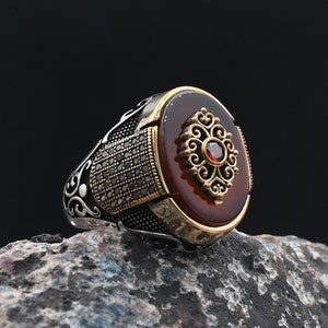 Natural Red Agate Silver Ring, Sword Detailed Ring Mens
