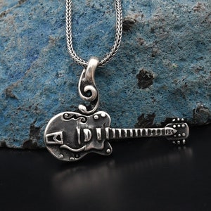 Guitar Silver Pendant, Guitar Charm With Chain , 925 Sterling Silver Necklace, Handmade Necklace, Best Gift, Musician Necklace