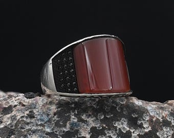 925 Sterling Silver Ring, Onyx Men's Ring, Handmade Ring, Rings For Men, Tiger's eye Gemstone, Red Agate Gemstone
