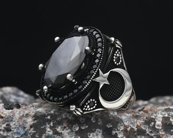 Crescent Moon and Star Ring, 925 Sterling Silver Ring, Onyx, Topaz, Zircon, Garnet Gemstone, Handmade Turkish Ring, Moon and Star Ring