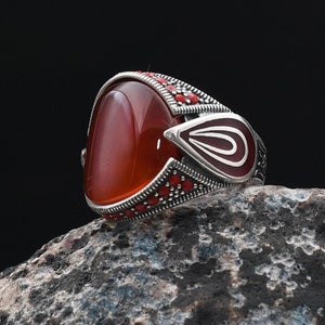 Trendy Ring Gifts, Mens Jewerly, Gift for Husband, Red Agate Gemstone Modern Ring, Mens Handmade Ring, 925k Sterling Silver Ring