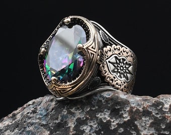 thumbnail image 2 of 925 Sterling Silver Men's Ring With Mystic Topaz Stone – Handmade From Turkey, New With Tags 2 of 5