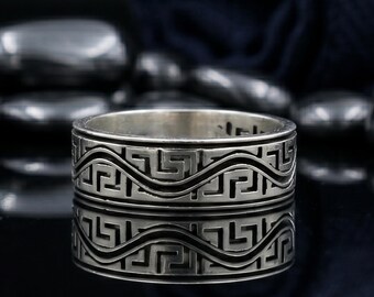 Handmade Greek Design Engraved Vintage Band Ring, 7mm Wedding Band Ring, 925 Sterling Silver Promise Ring, Wedding Gift