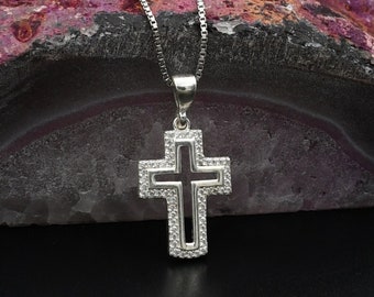 925 Sterling Silver Cross Necklace, Zircon Stones Decorated Necklace, Silver Cross Necklace for Women.