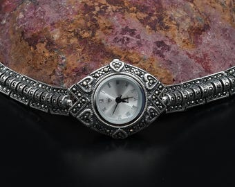 Handmade 925 Sterling Silver Heart design Women Wrist Watch. Quartz Marcasite Gemstones Wrist Watch, Vintage Style Women Silver Wrist Watch