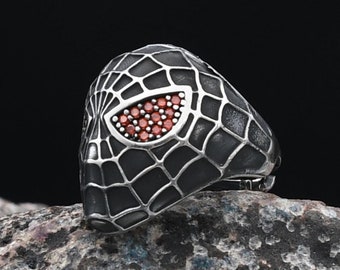 Spindelnätsring, handgjord silverring, 925 sterlingsilverring, handgjorda smycken, vintagestil, Spindelmannen ansiktsmaskring, justerbar ring