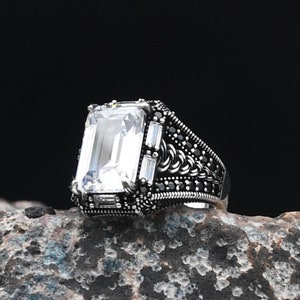 White Zircon Gemstone Silver Ring, 925 Sterling Silver Ring, Handmade Turkish Ring, Birthday Gift, Ottoman Ring