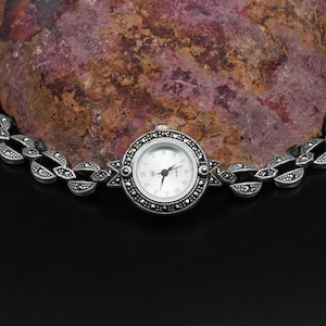 Handmade 925 Sterling Silver Women Wrist Watch. Quartz Marcasite Gemstones Wrist Watch, Vintage Style Women Silver Wrist Watch, Gift for her