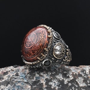 Hand Carved Quran, Handmade Silver Ring, İslamic Silver Ring, 925 Sterling Silver Ring, Amber Gemstone Ring, Religious Ring