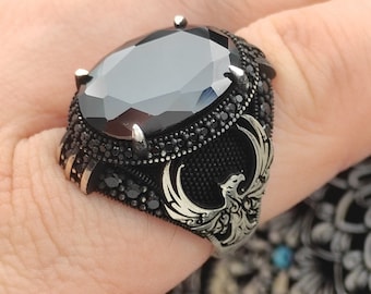 Phoenix Silber Ring, Onyx Edelstein Silber Herren Ring, Granat Edelstein, Unisex Vintage Silber, oxidiertes Silber Ring, Geschenk zum Valentinstag