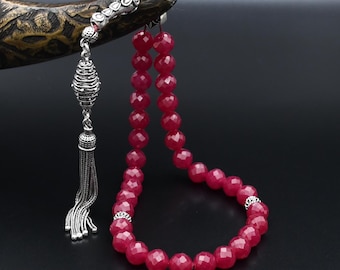 Oryginalny rubinowy Tasbih, islamska modlitwa, 33 koraliki, różaniec 8 mm, srebrne koraliki modlitewne próby 925