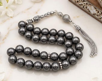 Real Hematite Gemstone Tasbih with 925 Sterling Silver Tassel, Turkish Prayer 33 Beads, Rosary, Tasbih, Tesbih, Tasbeeh, Misbaha