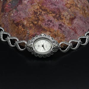 Handmade 925 Sterling Silver Women Wrist Watch. Quartz Marcasite Gemstones Wrist Watch, Vintage Style Women Silver Wrist Watch