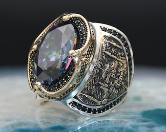 Mystic Topaz Gemstone Men Silver Ring, Hagia Sophia Silver Ring, Handmade Ring, 925 Sterling Silver Ring, Gift for Husband,Men Engraved Ring