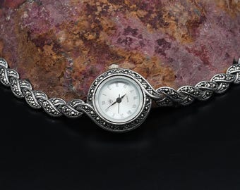 Women Silver Wrist Watch, Vintage Style 925 Sterling Silver Women Wrist Watch. Quartz Marcasite Gemstones Wrist Watch