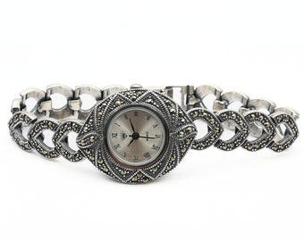 Reloj de pulsera para mujer de plata de ley 925. Reloj de pulsera de cuarzo con piedras preciosas de marcasita
