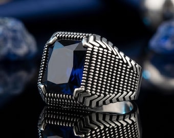 Turkish Handmade Silver Men Ring, Blue Zircon Gemstone, Magnificent Gift, 925 Sterling Silver Ring, Valentines Day Gift