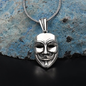 Mask Necklace, V for Vendetta Design, V for Vendetta Necklace, 925 Sterling Silver Necklace, Handmade Necklace, Gift for Him, Face Pendant