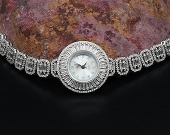 Quartz Cubic Zirconia Wrist Watch, 925 Sterling Silver Women Wrist Watch. Handmade Wrist Watch, Gift for her
