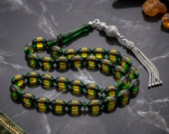 925 Sterling Silver Tesbih, Pressed Amber Rosary, Pressed Amber Prayer Beads Tasbih, Islamic Turkish Prayer 33 Beads,Misbaha, Gift for him