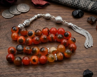 Natural Agate Gemstone Tasbih, Islamic Turkish Prayer 33 Beads, 925 Sterling Silver Prayer Beads, Rosary, Tesbih, Tasbeeh, Muslim Gift