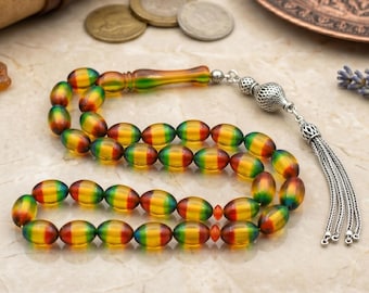 Islamic Turkish Prayer 33 Beads, Pressed Amber Prayer Beads Tasbih, Pressed Amber Rosary, 925 Sterling Silver Tesbih, Misbaha, Gift for him