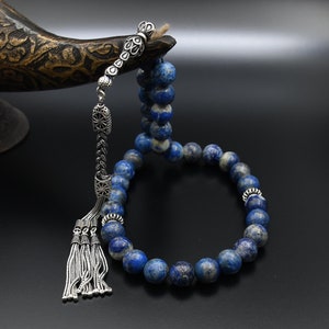 Original Lapis lazuli Gemstone Tasbih, Islamic Prayer 33 Beads, 925 Sterling Silver Prayer Beads, Rosary, Tasbih, Tesbih, Tasbeeh, Tasbih 33