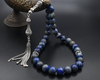 Pierres précieuses originales de lapis-lazuli, prière islamique 33 perles, perles de prière en argent sterling 925, chapelet, Tasbih, Tesbih, Tasbeeh, Tasbih 33