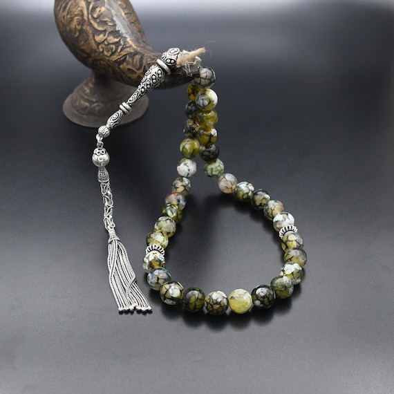 925 Sterling Silver Prayer Beads, Natural Spider Agate Gemstone