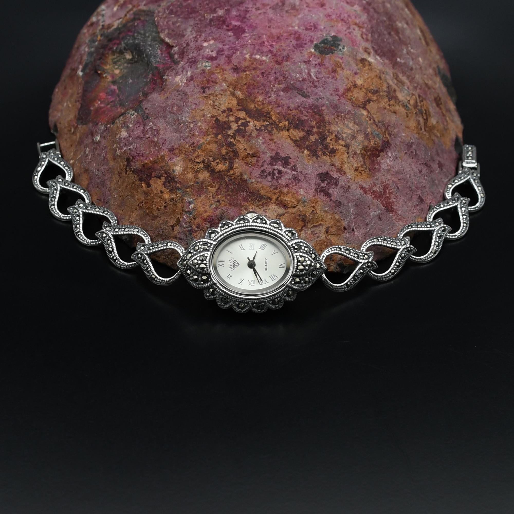 Handmade 925 Sterling Silver Women Wrist Watch. Quartz Marcasite Gemstones Wrist Watch, Vintage Style Women Silver Wrist Watch