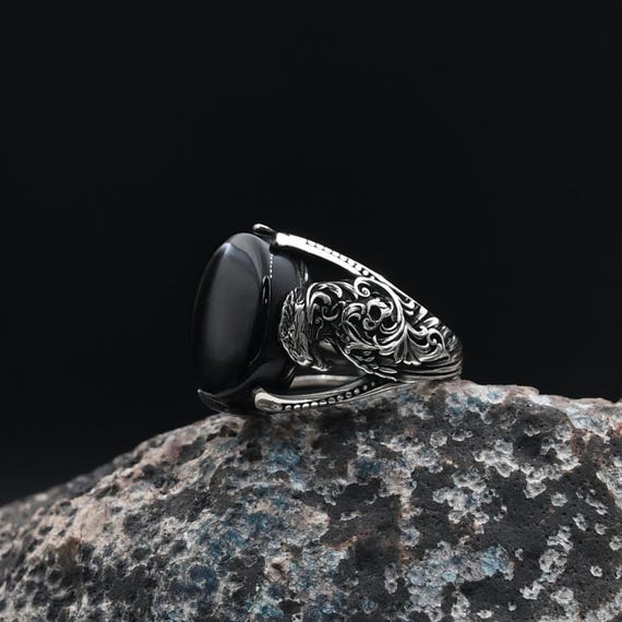 Animal Silver Ring, Black Onyx Gemstone Ring, Vintage Men Ring